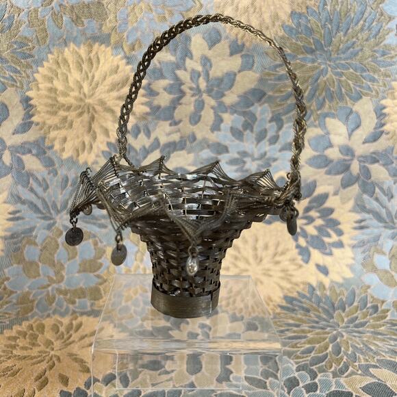 Antique Brass Woven Hanging Basket – Christmas Easter Candy Holder, Ornate Metal - Picture 1 of 10
